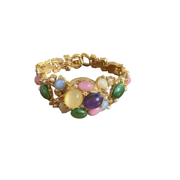 SPATZ Goldtone Multicolor Moonstone Cabochon Hidden Watch Bracelet - Picture 3 of 9